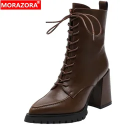 MORAZORA 2022 New Narrow Band Genuine Leather Women Boots Thick High Heels Ankle Boots Ladies Autumn Winter Boots