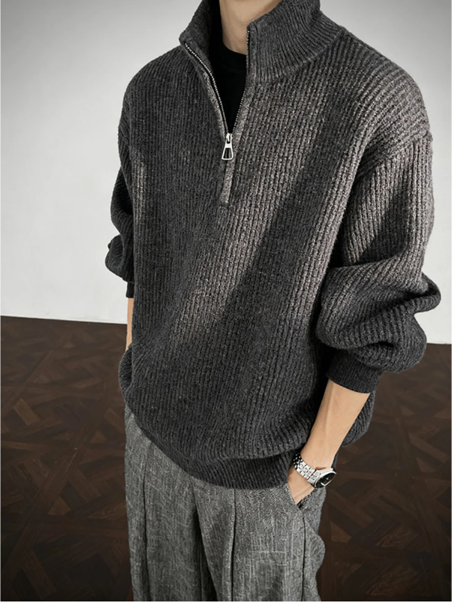 

Мужской свитер на молнии с высоким воротником в стиле ретро, осенне-зимний, мягкий, свободный, вязаный, из полиэфирного волокна, теплый, утолщенный