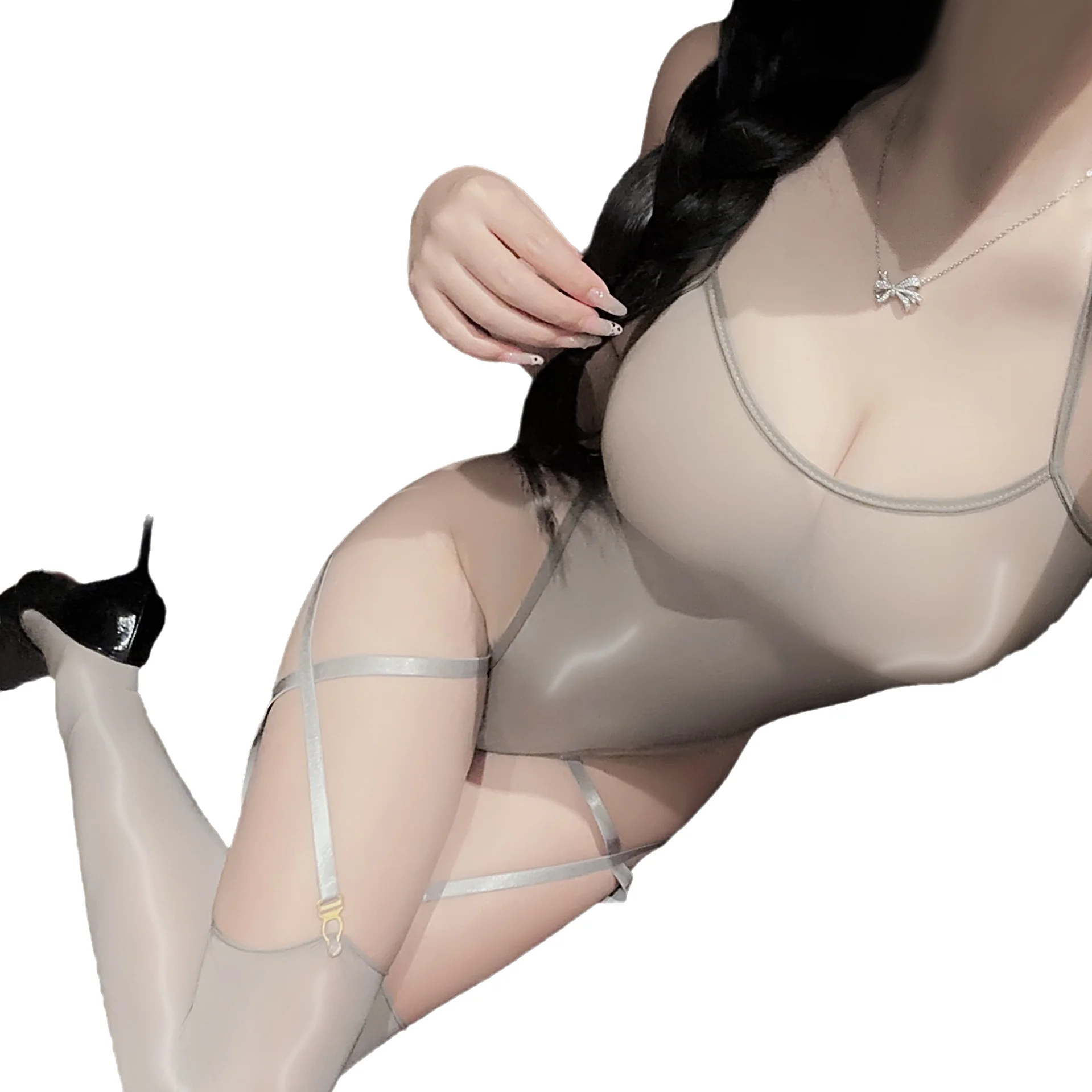 High Elastic Glossy Transparent Sexy Pure Desire Smooth Bodysuits Backless Deep V Suspenders Sleeveless Bodysuits Nightclub OTJC