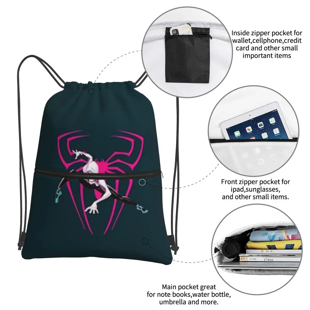 Spider Gwen Portable Backpacks Drawstring Bag Multi-function Drawstring Bundle Pocket Sundries Bags For School Students