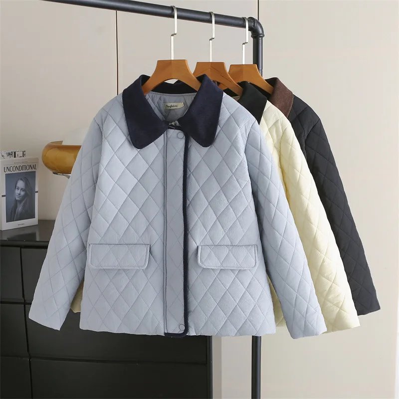 

French SImple Quilted Cotton Jacket For Women Fashion Lapel Contrasting Color Thicken Coat Autumn Winter Casual Warm Jackets