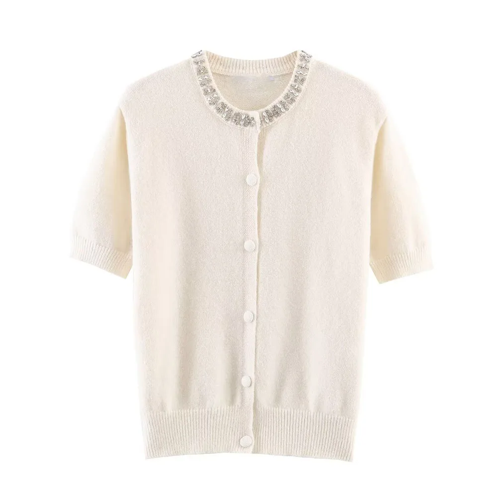 

WOMAN 2026 Summer New Fashionable Casual Jewelry Decoration Short Sleeve Knitted Shirt Retro Versatile Women's cardigan Mujer
