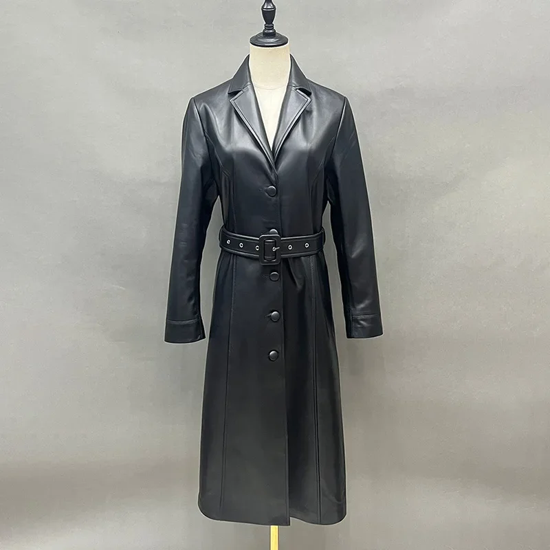 Women's Classic Real Leather Trench Coat Lady Fashion Long Coat Genuine Sheepskin Outerwear