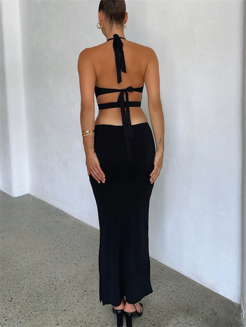 Sexy Cutout Halter Neck Backless Maxi Dress Tie-Up Black Elegant Cocktail Party Dresses for Women Clothing 2023 Autumn Fashion