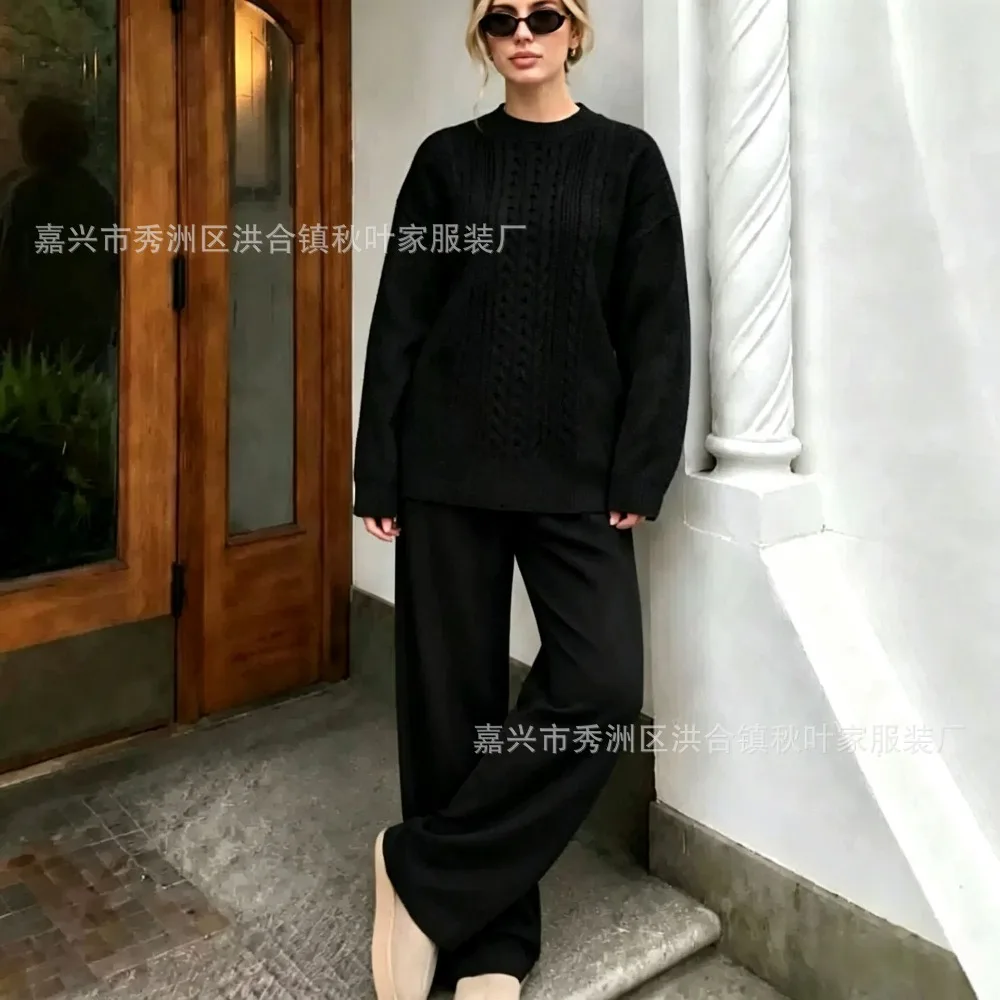 Casual Twist Knitted Suit Women's 2026 New Round Neck Pullover Sweater Wide-leg Pants Two-piece Set Trendy Texture Fashion