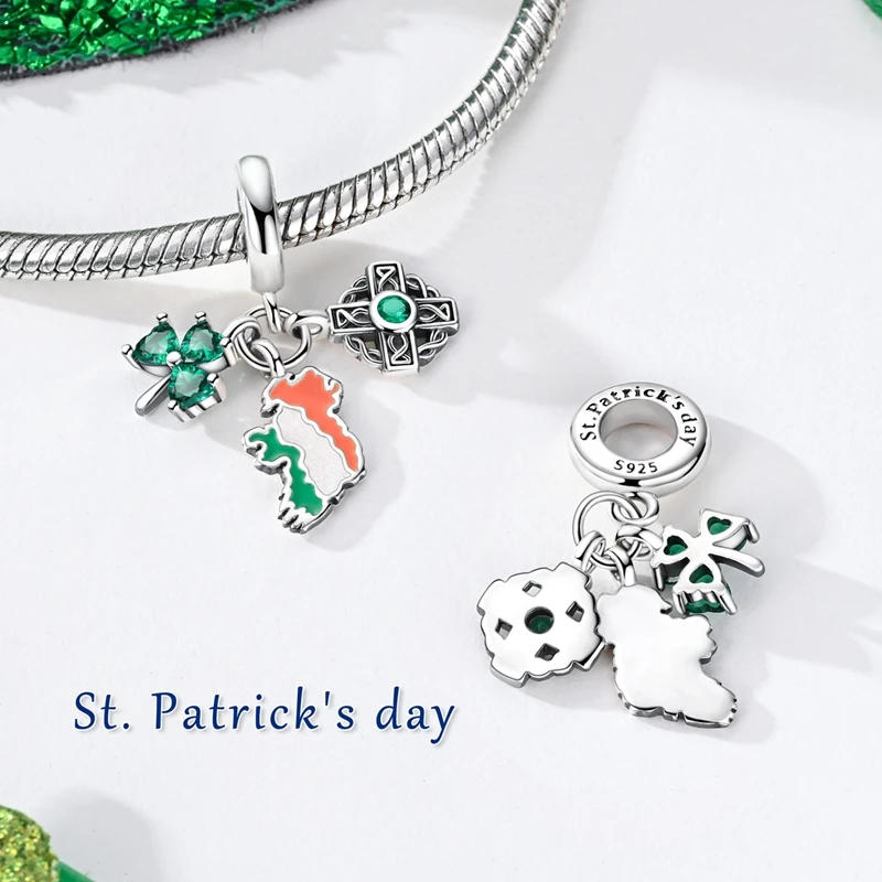 925 Sterling Silver Ireland Map Charms Bead CZ Zirconium Dangle Fit Original Bracelet DIY Women Jewelry Gift