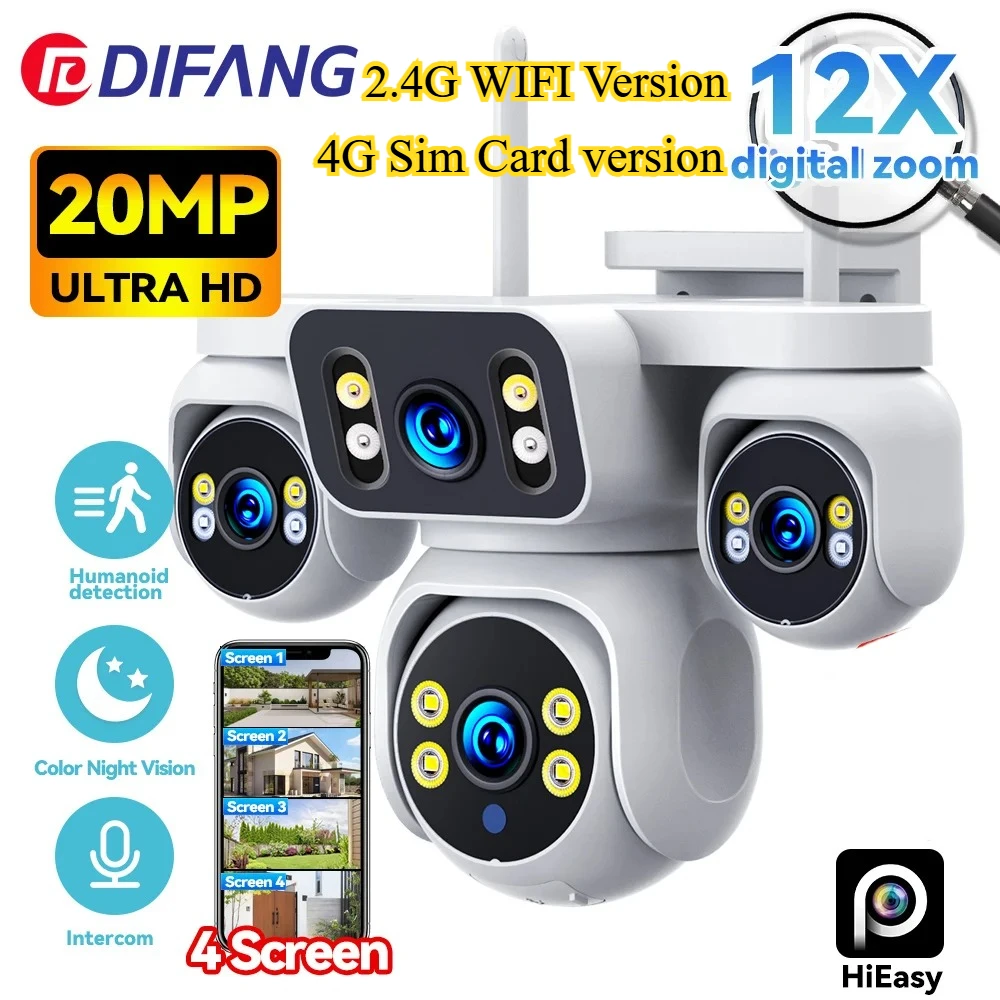

New 10K 20MP WiFi Security Camera 4 Lens 4 Screen 360° CCTV 12X Zoom Home Surveillance CCTV Outdoor Street Video Cam 4G Sim Card