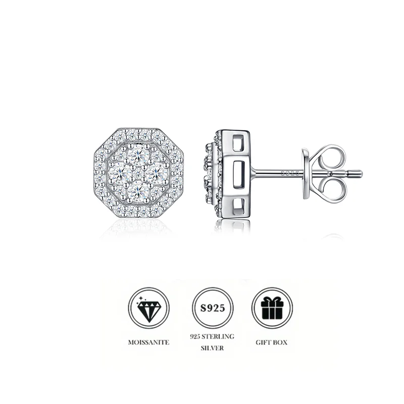 

Elegant Double Halo Octagonal Moissanite Earrings, 925 Sterling Silver Cluster Studs, Bridal & Everyday Wear Jewelry