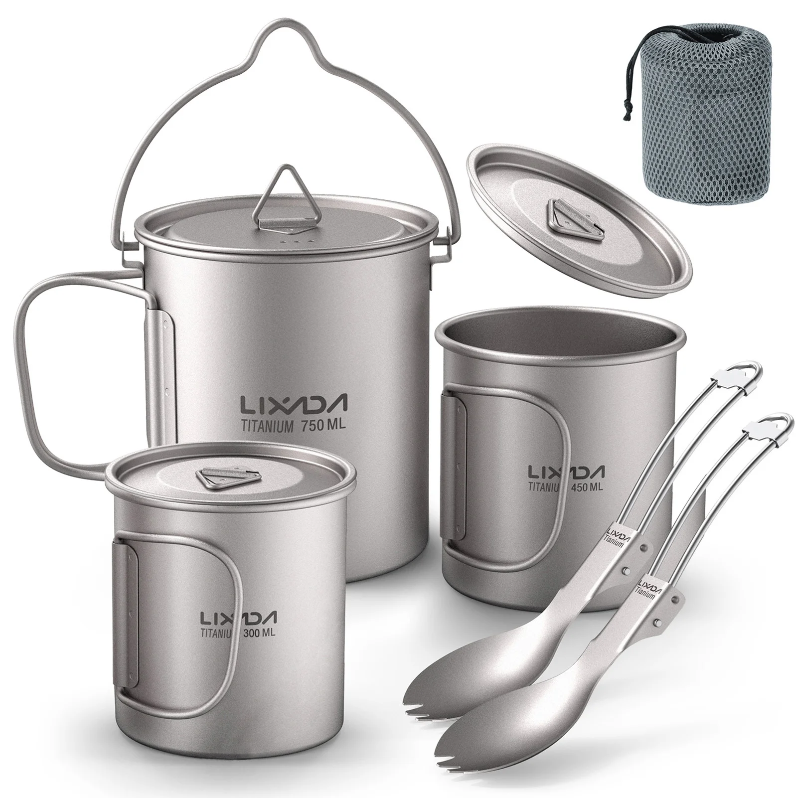 Ultralight 300ml/750ml Titanium Pot Portable Ti Water Mug Cup with Lid and Foldable Handle Fork Spoon Outdoor Camp Cook Picnic