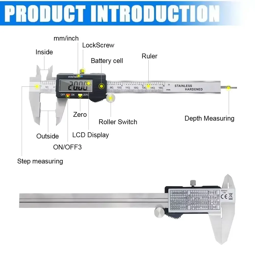 الفرجار الرقمي 0-150 مللي متر الفولاذ المقاوم للصدأ الورنية أداة قياس الفرجار الإلكتروني الدقيق مع صندوق تخزين للاستخدام المعدني الخشب
