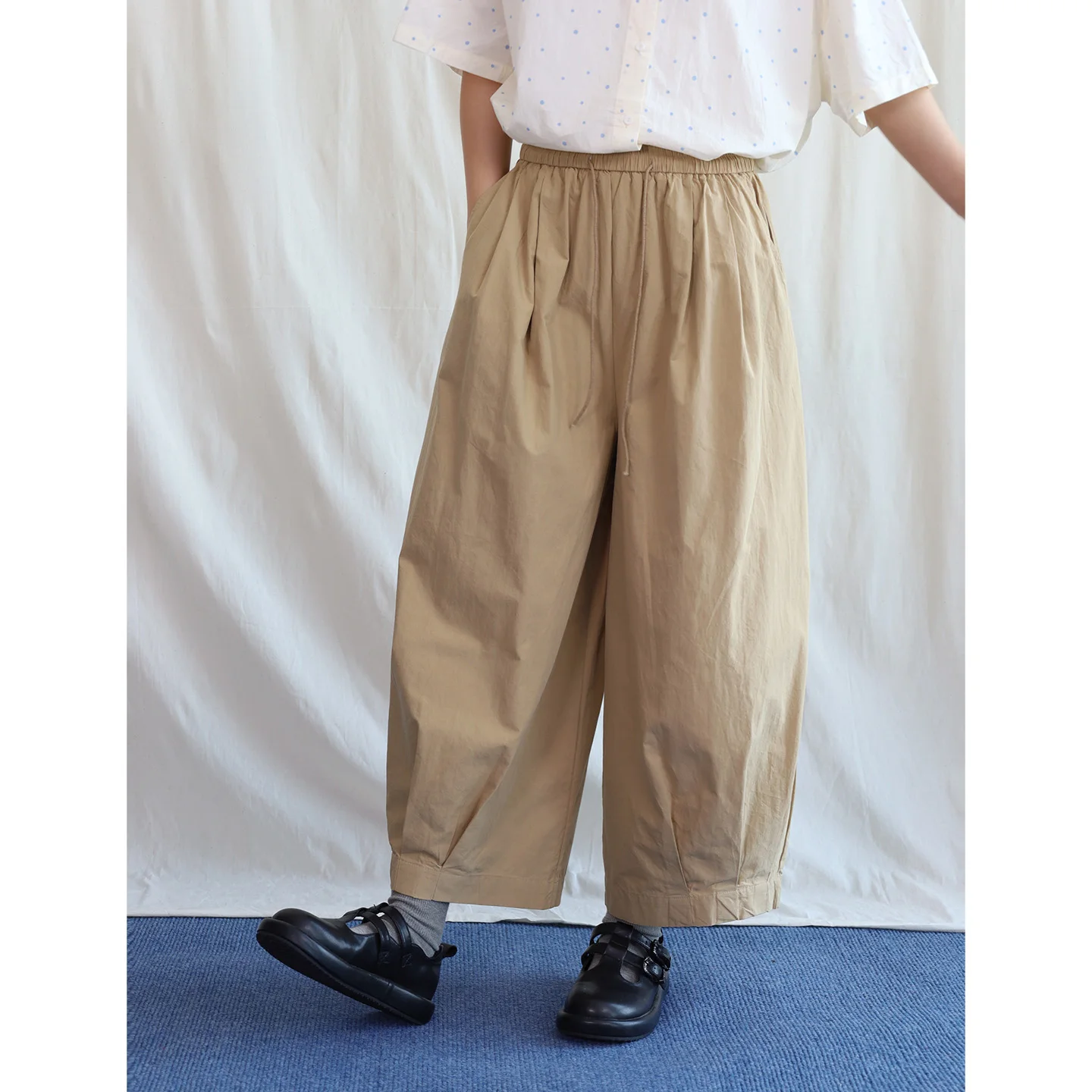 Casual Drawstring Cotton Work Trousers Women's Thin Summer Folded Cuff Nine Points Leisure Pants Breathable Skin-Friendly