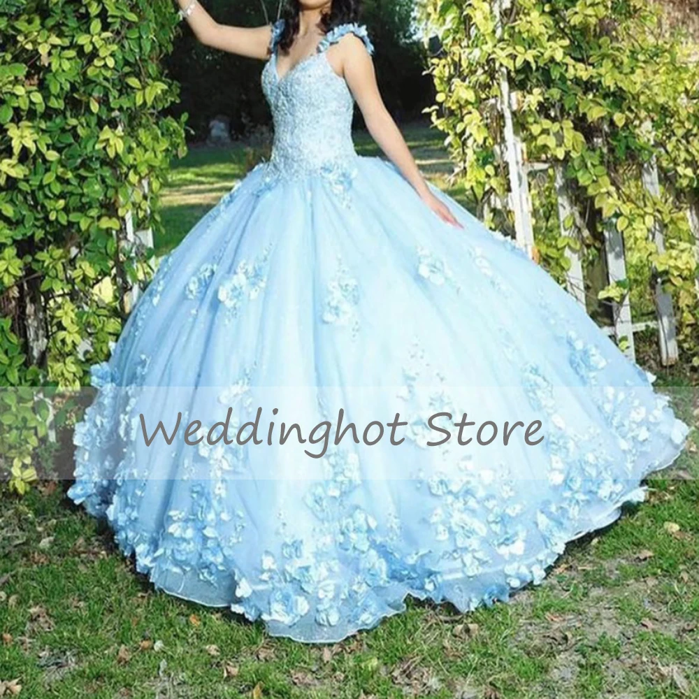 Prinzessin Quinceanera Kleider 2023 V Neck Korsett Ballkleid für Mädchen Sweetie 15 Baby Blau Tüll 3D Blume Luxus Quinceanera kleid