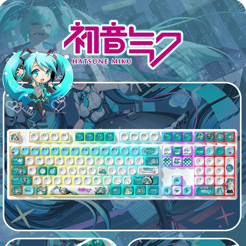 Cartoon Anime Hatsune Miku full color light keyboard 108 key wireless Bluetooth Three modes Mechanical Keyboard Pull and insert