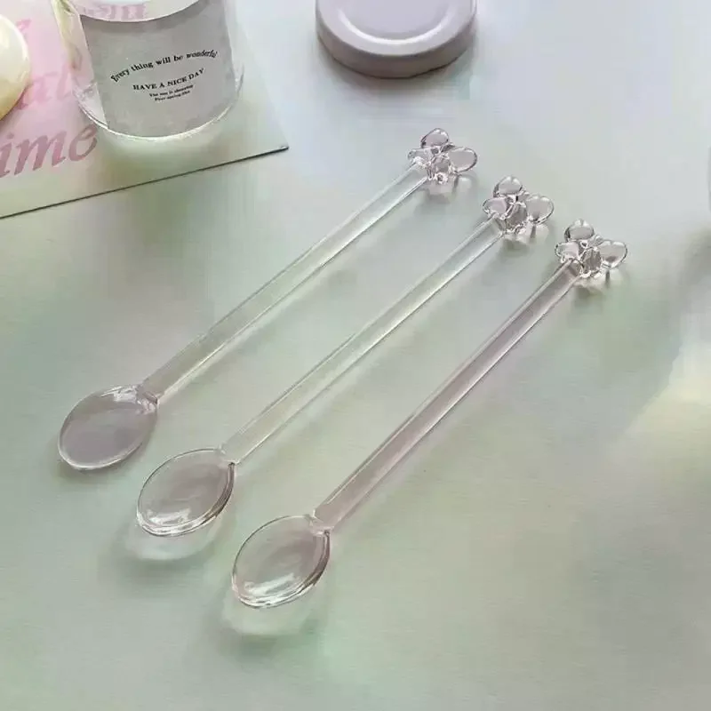 Long Handle Glass Coffee Spoon Exquisite Pink Bow Decor Heat Resistant Dessert Mixing Spoon Household Drinkware Tool