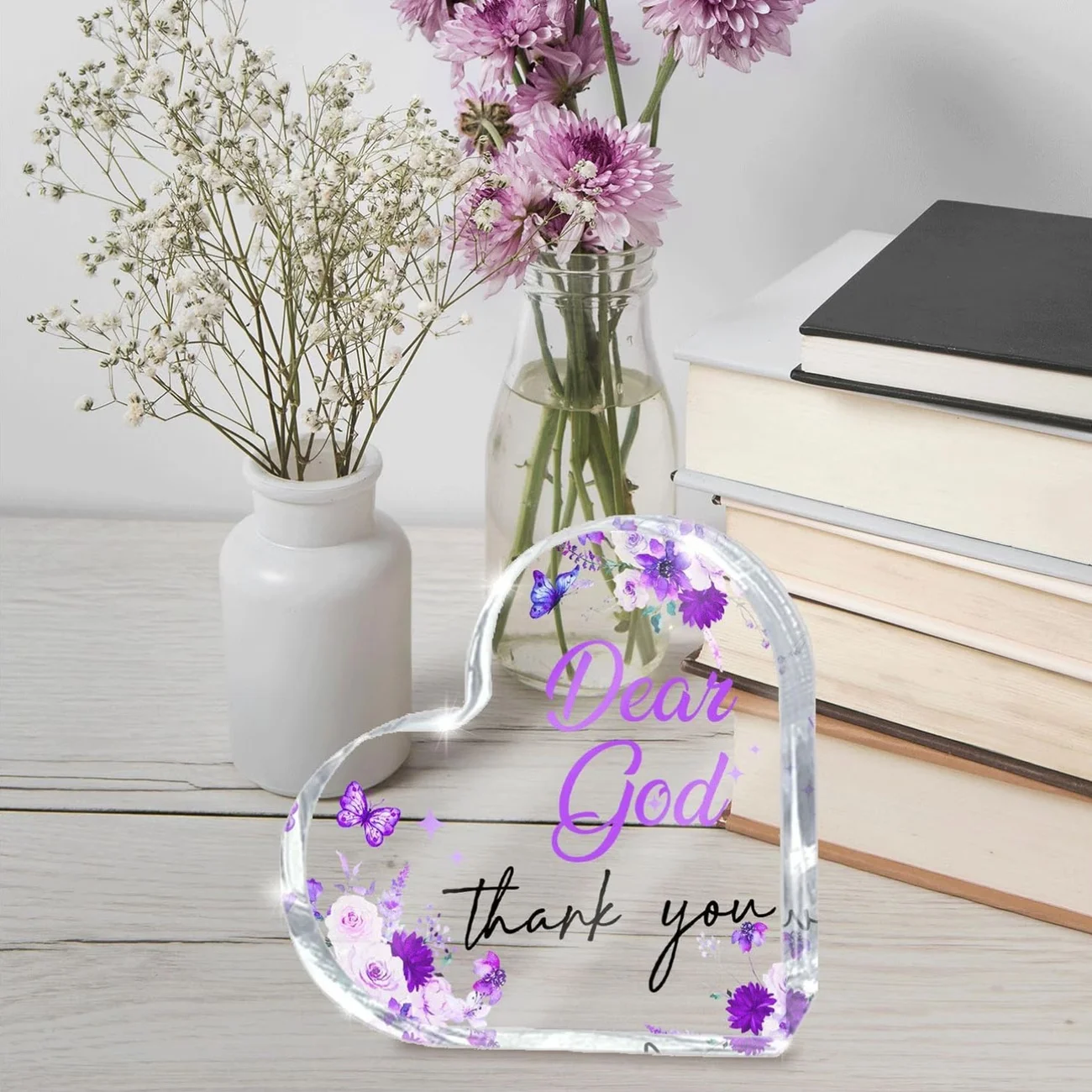 Dear God Thank You Heart‑Shaped Acrylic Tabletop Plaque, Purple Floral Butterfly Faith Inspirational Desk Decor