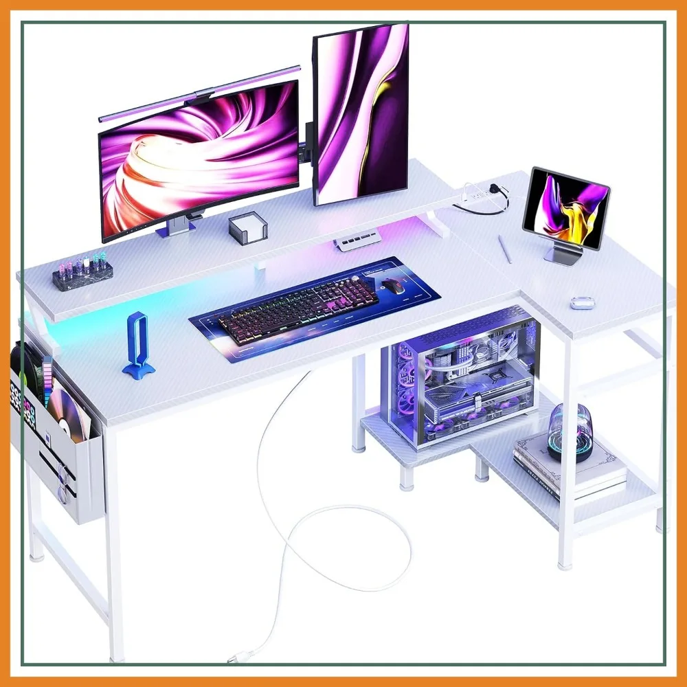 Gaming Desk with USB Charging Ports, Power Outlets, Type-C & LED Lights, Reversible L Shaped Desk with Storage Shelves & Monitor Stand, 48IN