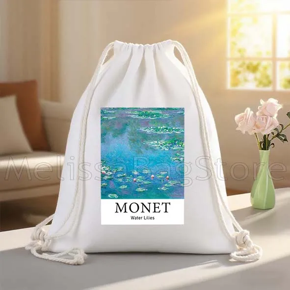 Claude Monet Paintings Art Water Lilies Canvas Drawstring Bags Soccer Backpack Gym Sackpack Gifts String Bag for Hiking Sports