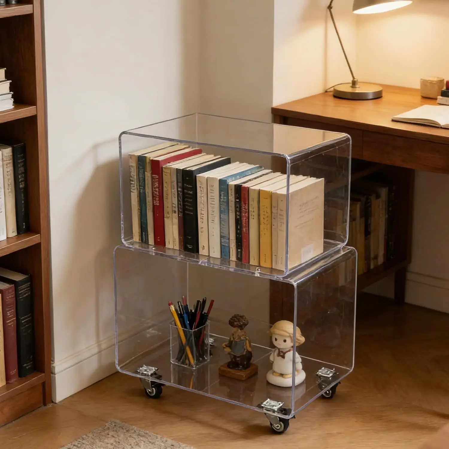 Acrylic Rack on Wheels Clear Rolling Cart Organizer with Brakes for Home Kitchen Bathroom 44 lbs, Customized