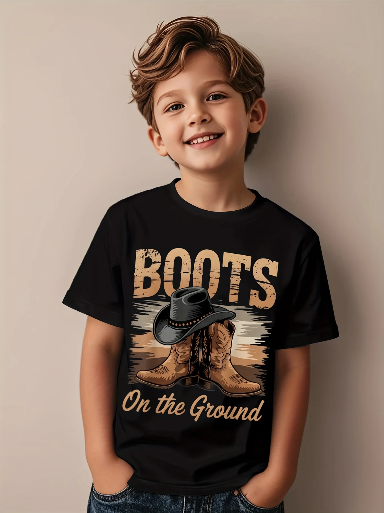 

[Cowgirl T-Shirt] Western Line Dance Graphic T-Shirt | Boots On The Ground Cowgirl Design with Cowboy Boots & Hat, Black & Golde