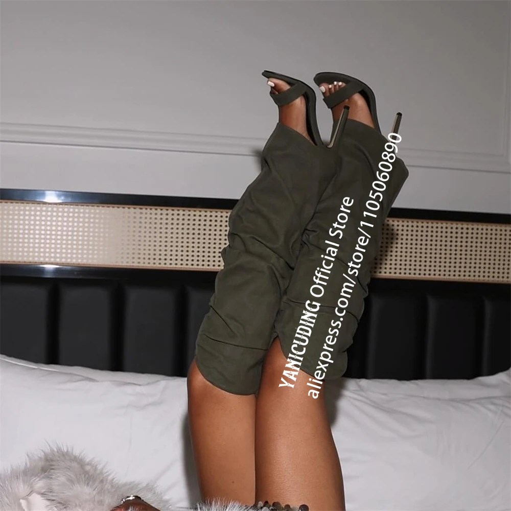 

Olive Green Summer Knee Boots Round Open Toe Stiletto Sandals Boots Sexy Style Pleated Boots for Women Multicolor Handmade Boots
