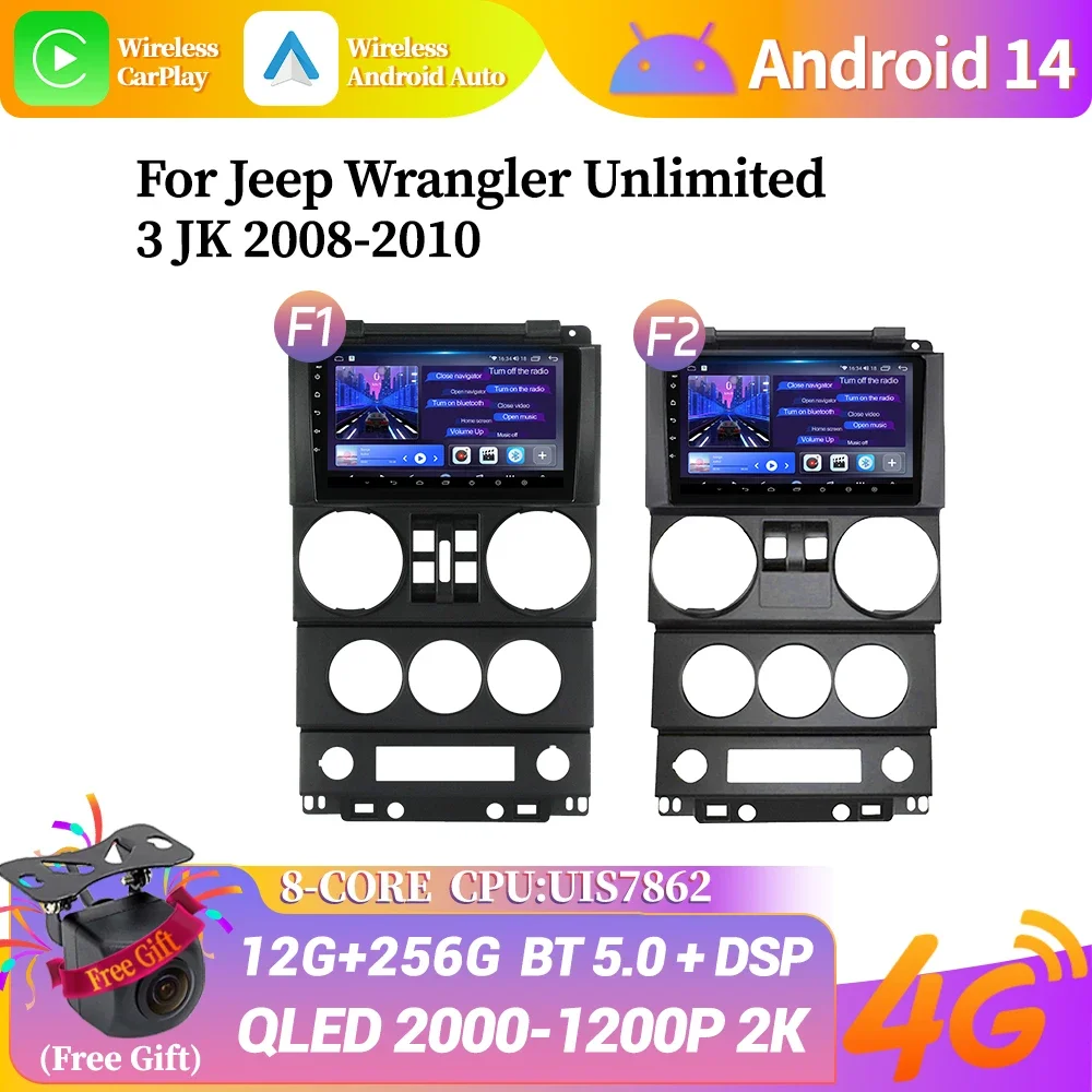 Car Radio Stereo For Jeep Wrangler Unlimited 3 JK 2008-2010 Android 14 Multimedia 4G GPS Carplay Android Auto Head Unit Screen