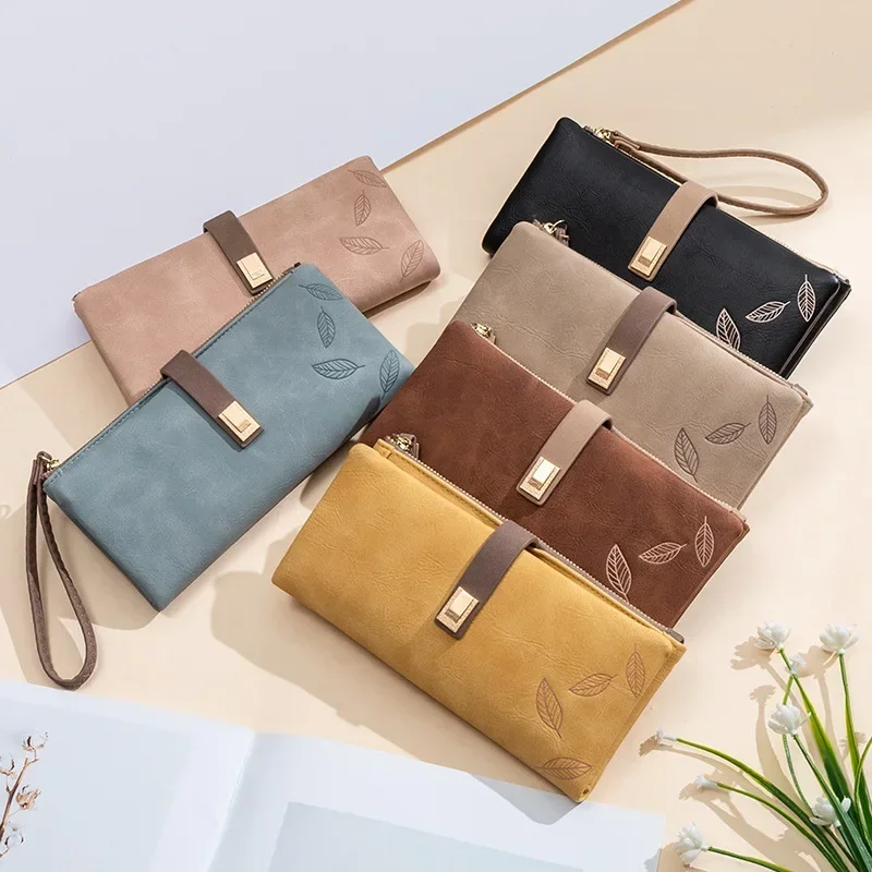 

Women Wallet Fashion Long Design Retro PU Leather Credit Card Holder Frosted Leaf Print Buckle Zip Purse Female Handbag Wallets