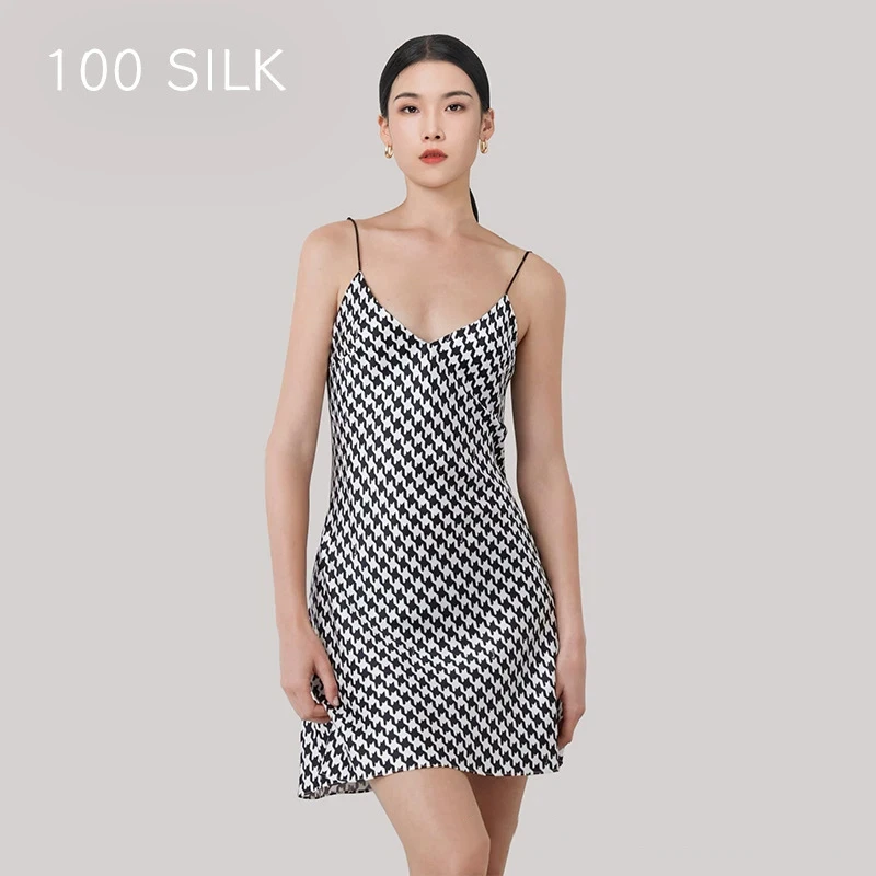 Premium Houndstooth Silk Chemise Heavyweight 19MM 100% Mulberry Silk Nightdress Cami Pajama Versatile Slip Dress for Night & Day