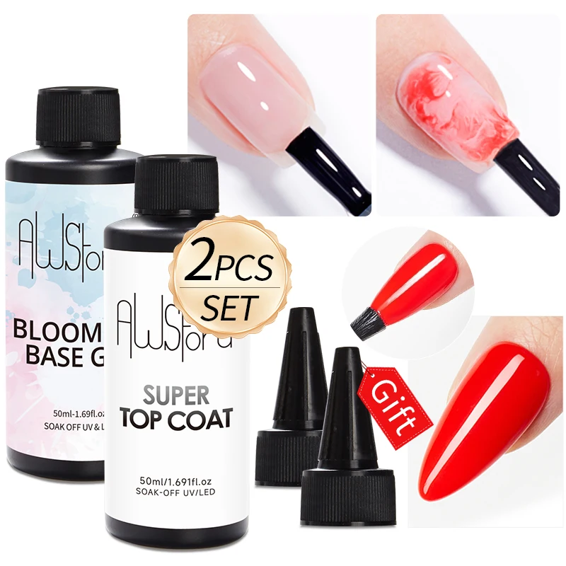 

AWStorG 2Pcs/Set 50ml Super Top Coat And Clear Blooming Base Gel Nail Polish UV LED Soak Off Nail Art Polish for Spreading