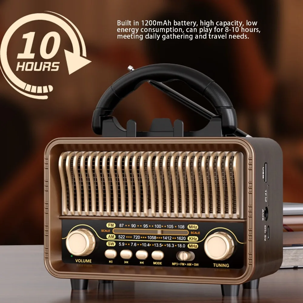 Portable Multi-functional Full Band Radio Bluetooth 5.4 Wood Grain Bluetooth Speaker Stereo Handhold Retro Radio Home Use