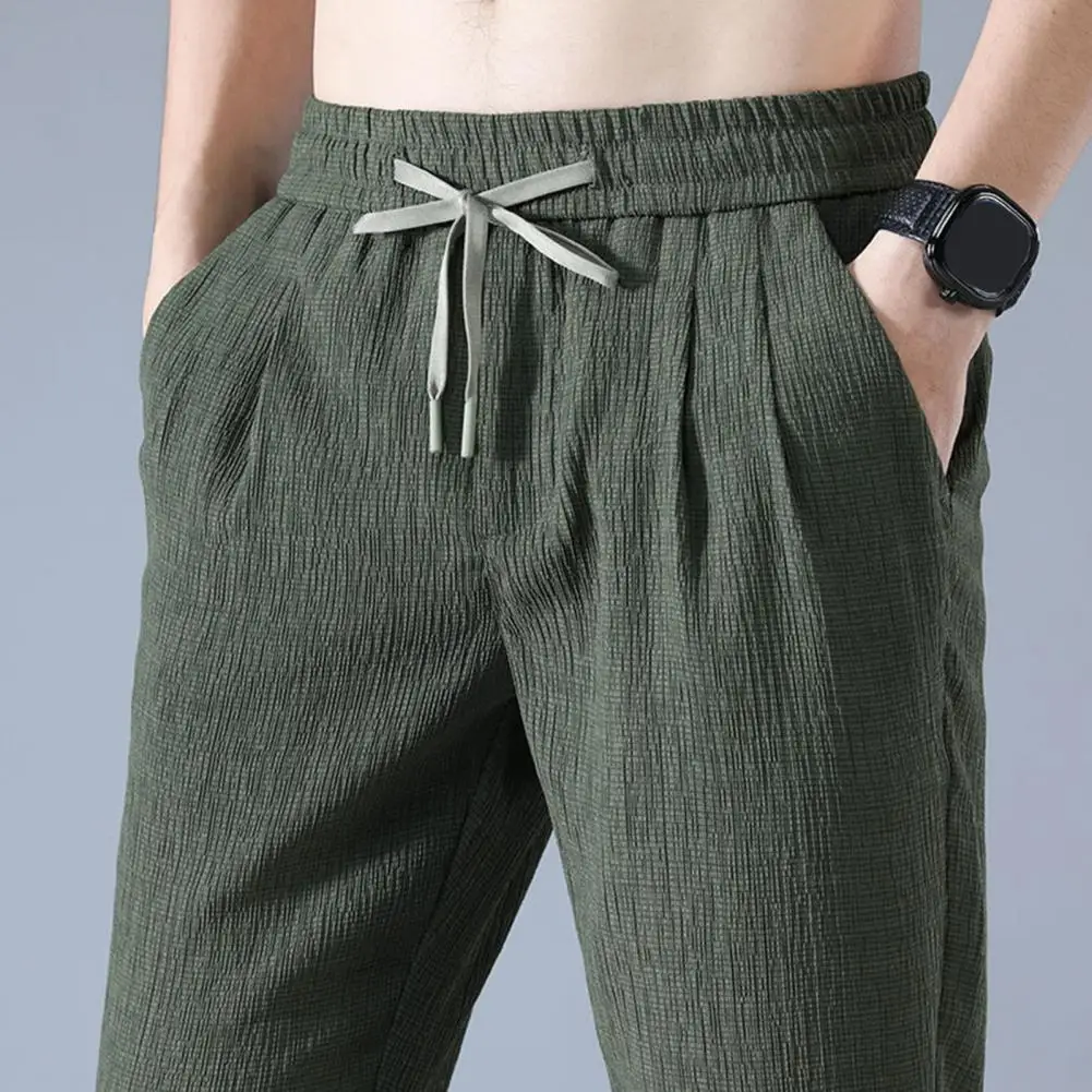 

Solid Color Trousers Comfortable Summer Ice Silk Sweatpants Loose Wide Leg Trousers with Drawstring Waist Pockets for Jogging