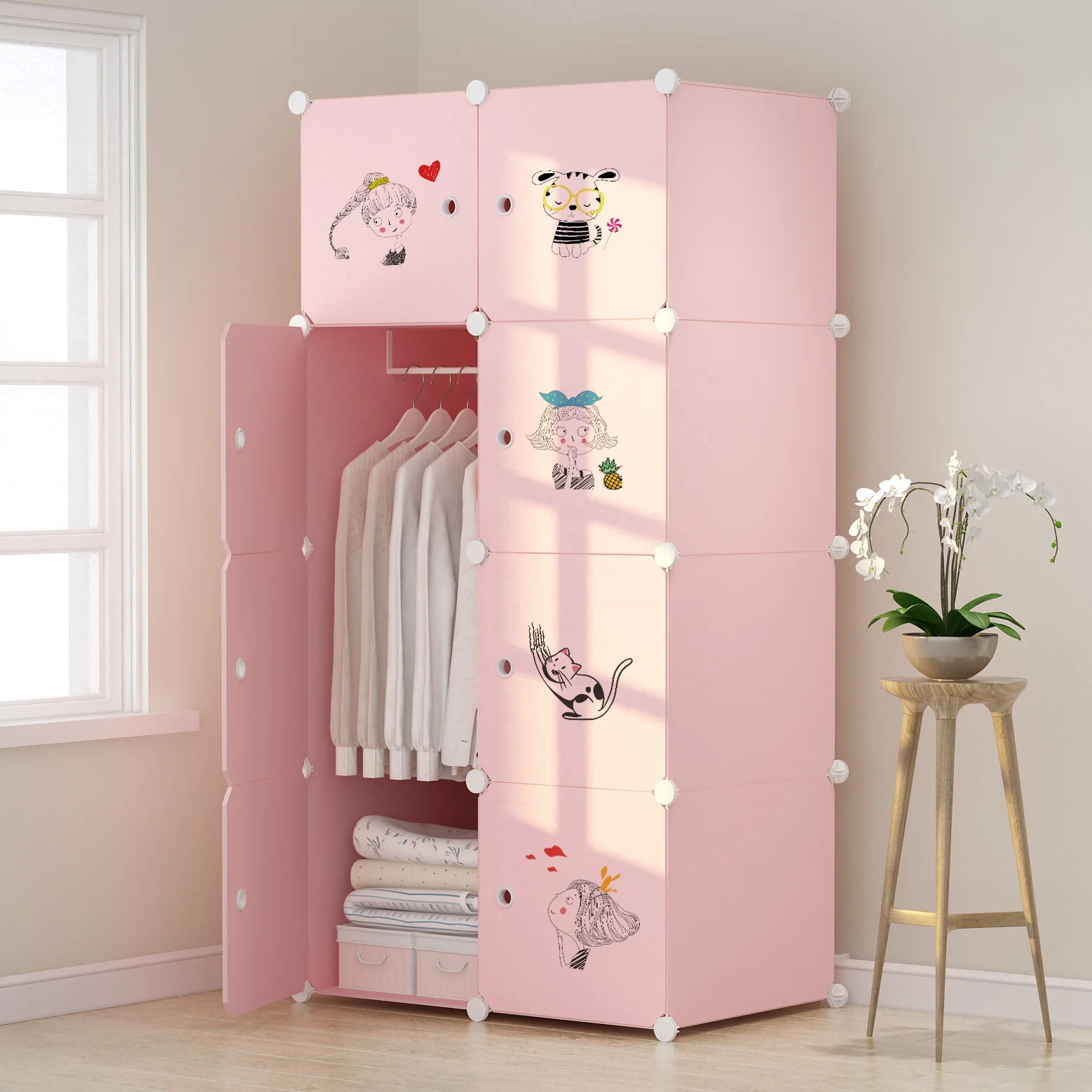 Pink Plastic Wardrobe Storage Box Cube Wardrobe Kids Assemble Plastic Portable Wardrobe Closet Organizer