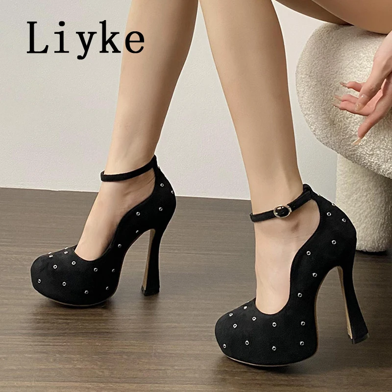 Liyke Designer Black High Heels For Ladies Metal Rivet Round Toe Platform Pumps Women Sandal Sexy Party Nightclub Stripper Shoes