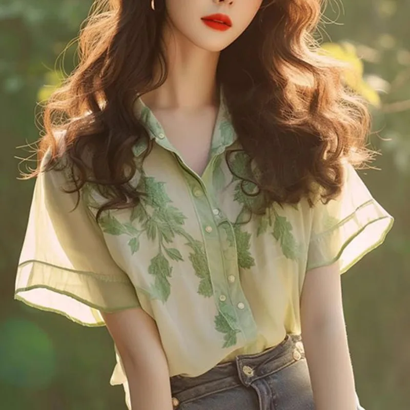 

Spring And Summer New Print Patchwork Turn-Down Collar Short Sleeve Casual Women's Wear High Quality Single Breasted Shirt
