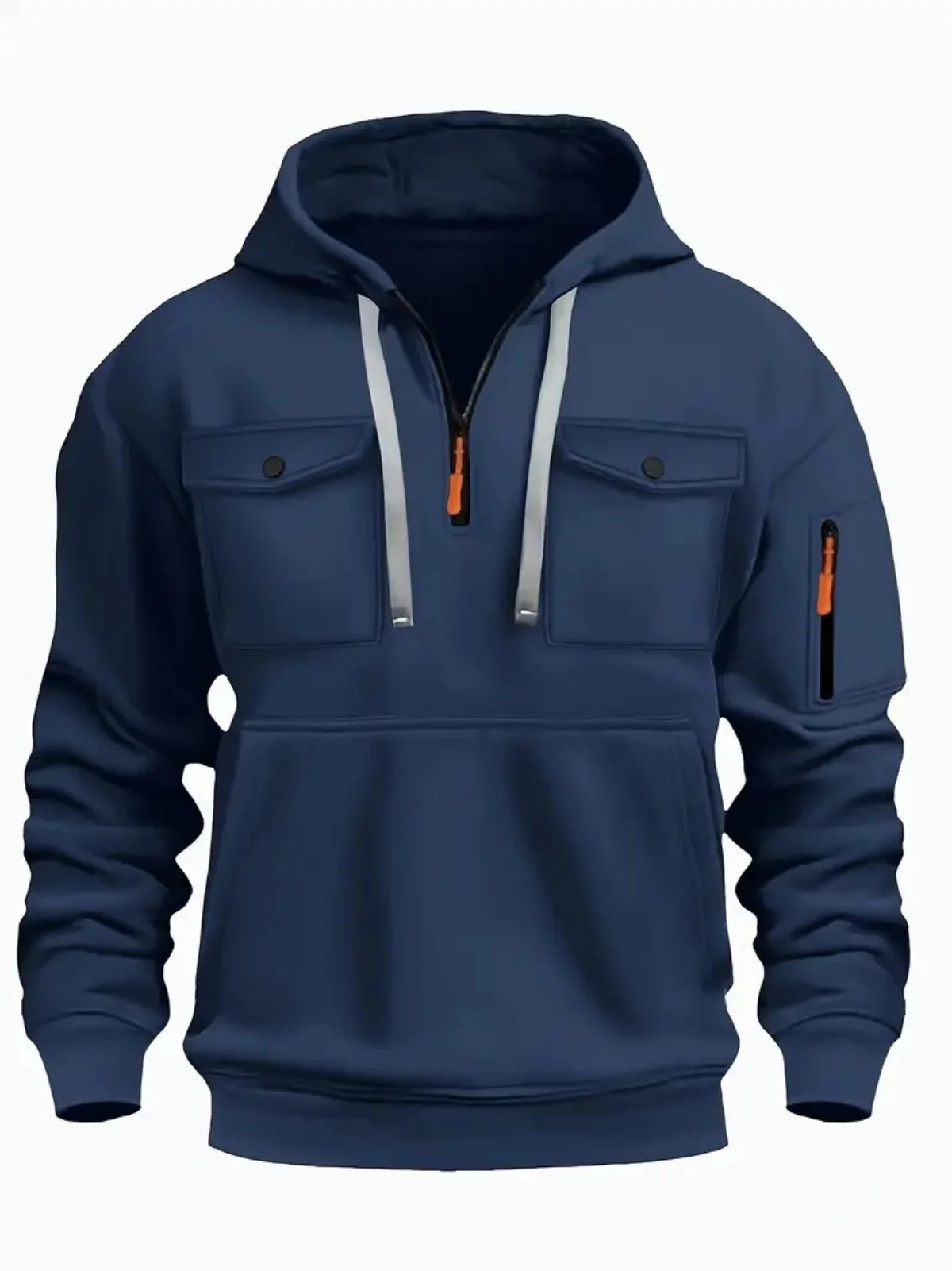 Men's new winter casual hoodie - stylish multi-pocket plain-color zipper pullover hooded sweatshirt