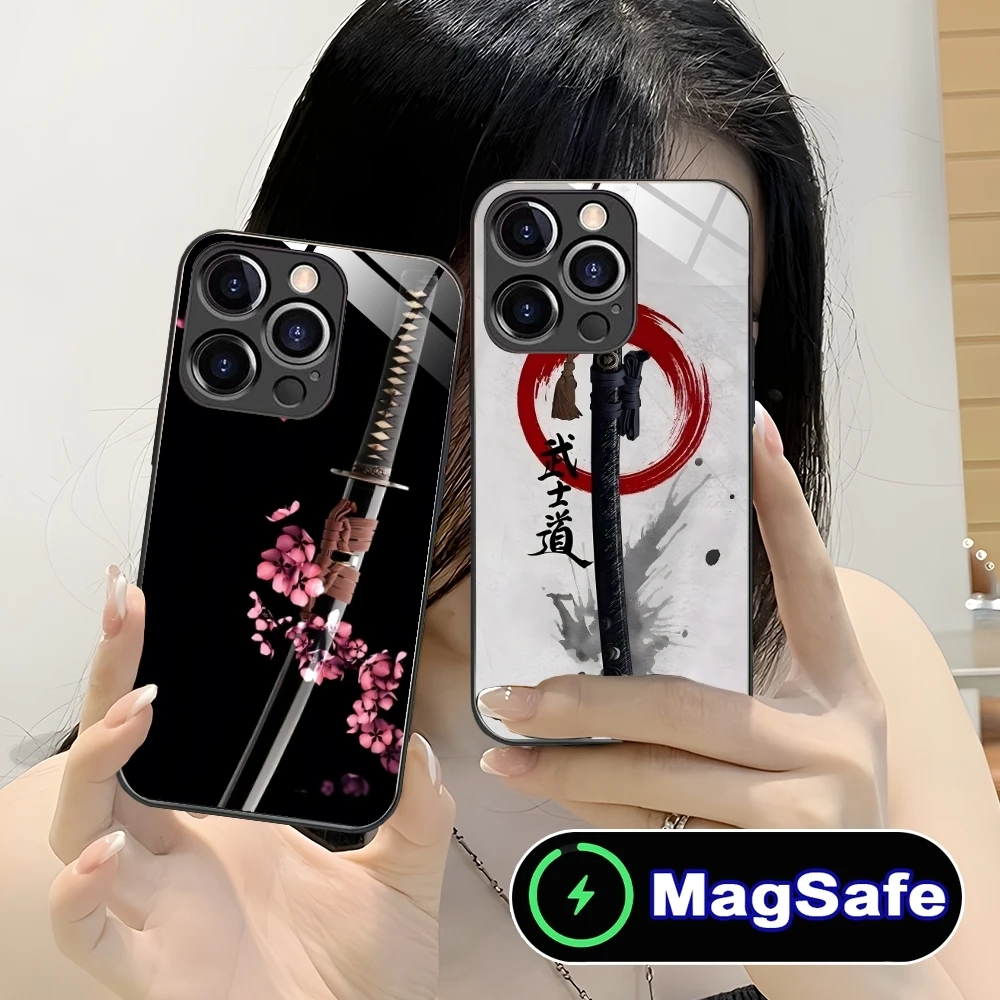 Katana Samurai Ronin Mobile Cell Phone Case for iPhone 16 15 14 13 12 11 Pro Max Plus Mini MagSafe Wireless Charging Glass Cover