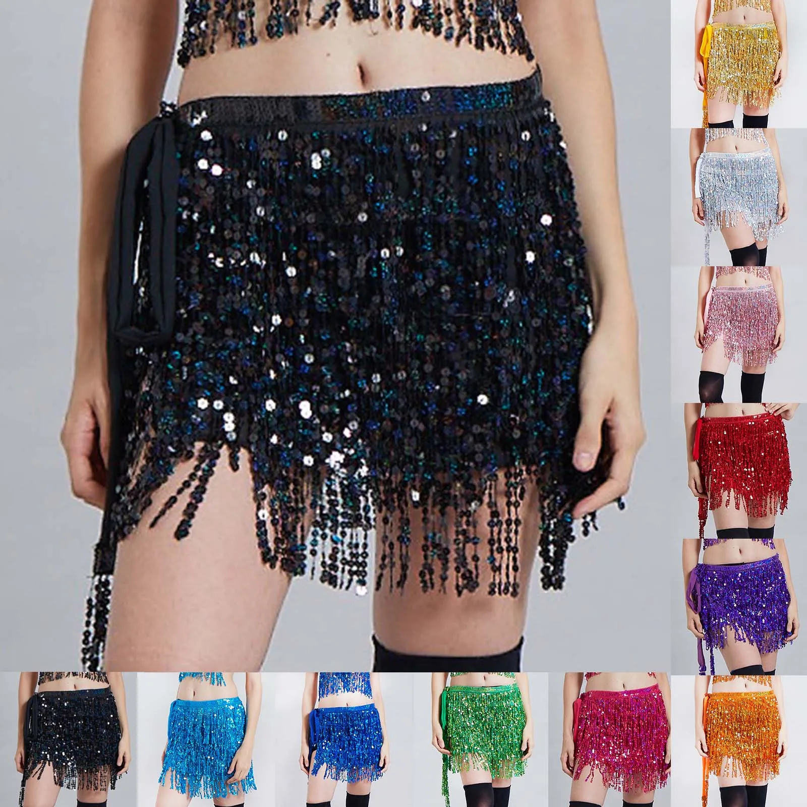 

New Sequined Fringed Waist Chain Belly Dance Waist Chain Indian Bohemian Lace-up Waist Scarf Sequined Fringed Skirt