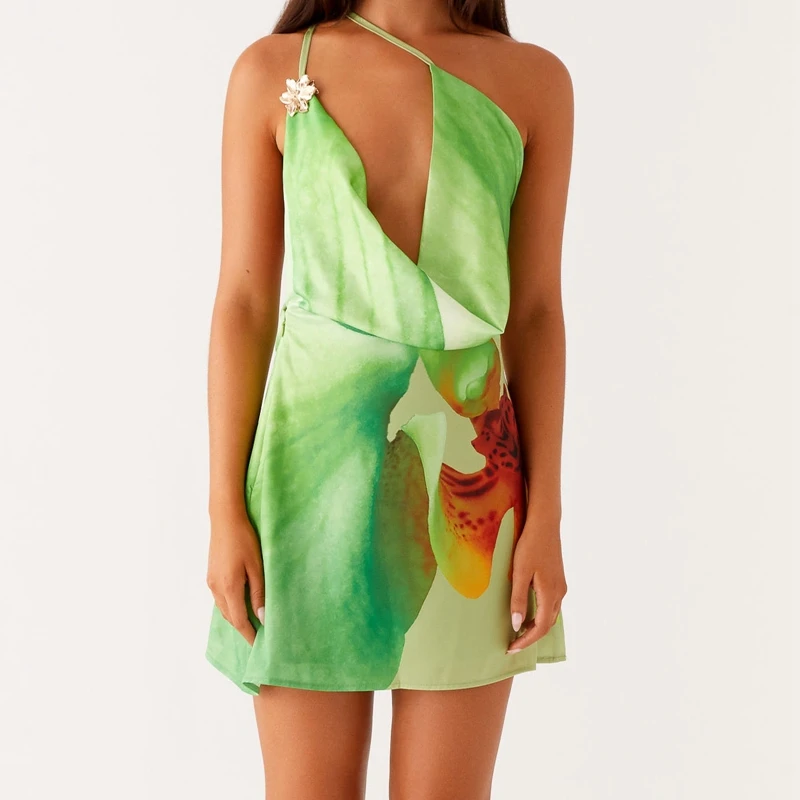 Maemukilabe فستان قصير ضيق بدون ظهر مزين بالزهور فستان شبكي منخفض القطع للخروج فساتين نسائية مثيرة هالتر قصيرة ملابس بحر