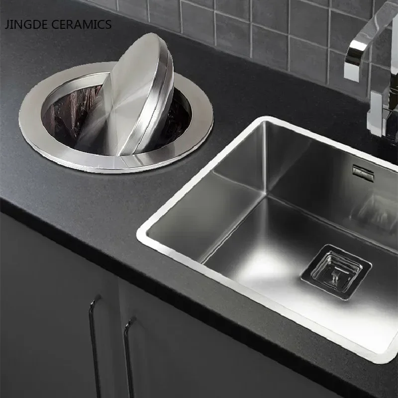 Modern Mute Stainless Steel Trash Can Lid Embedded Clamshell Trash Can Lid Multifunction Bath Kitchen Counter Top Accessories