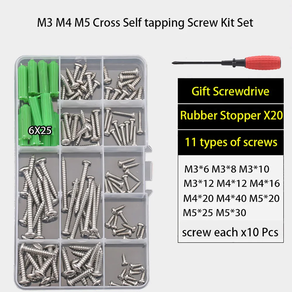 M3 M4 M5 Cross Self Tapping Screw Kit Set 304 Stainless Steel Phillips Pan Round Head Self Tapping Wood Screw