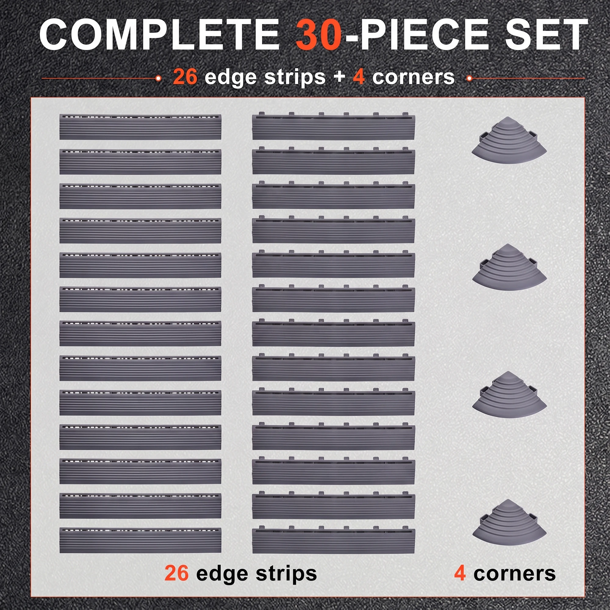 Garage Floor Edge Trim Kit 26 Edges 4 Corners, Non-Slip Interlocking Floor Tile Border Strip, PVC Snap-In Edging for Modular Garage Flooring Mats Gym Warehouse Workshop