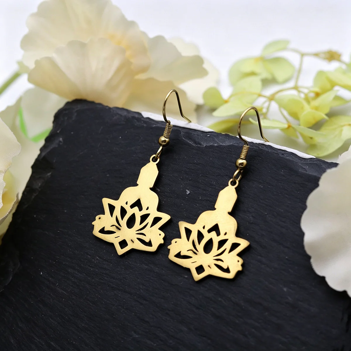 QIAMNI Buddha Lotus Flower Dangle Earrings for Women Men Stainless Steel Yoga Reiki Healing Spiritual Drop Earring Gifts Jewelry