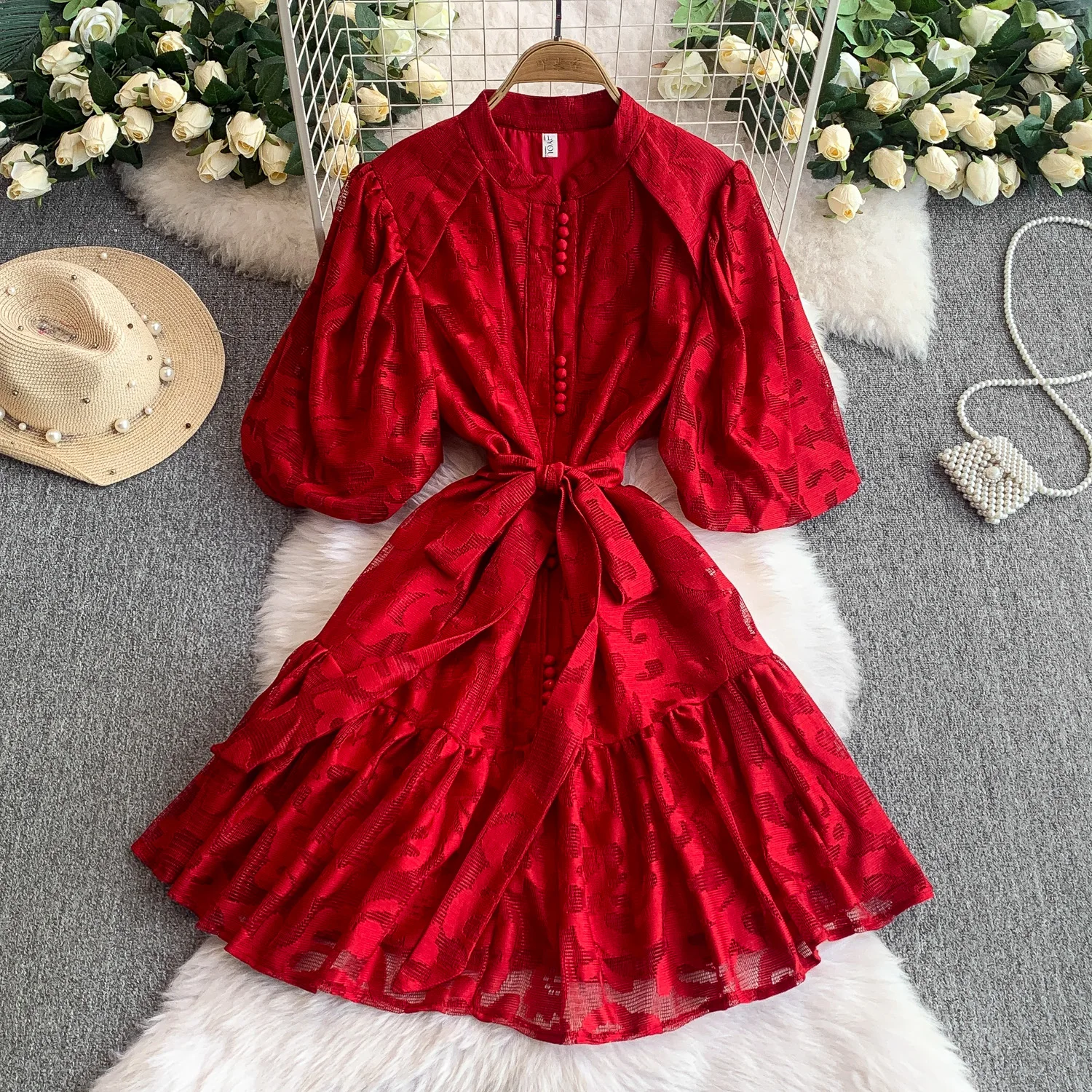 

Casual short sleeve O-Neck hollow out mesh slim fit Dress French high street clothing women clothing ceremony dresses