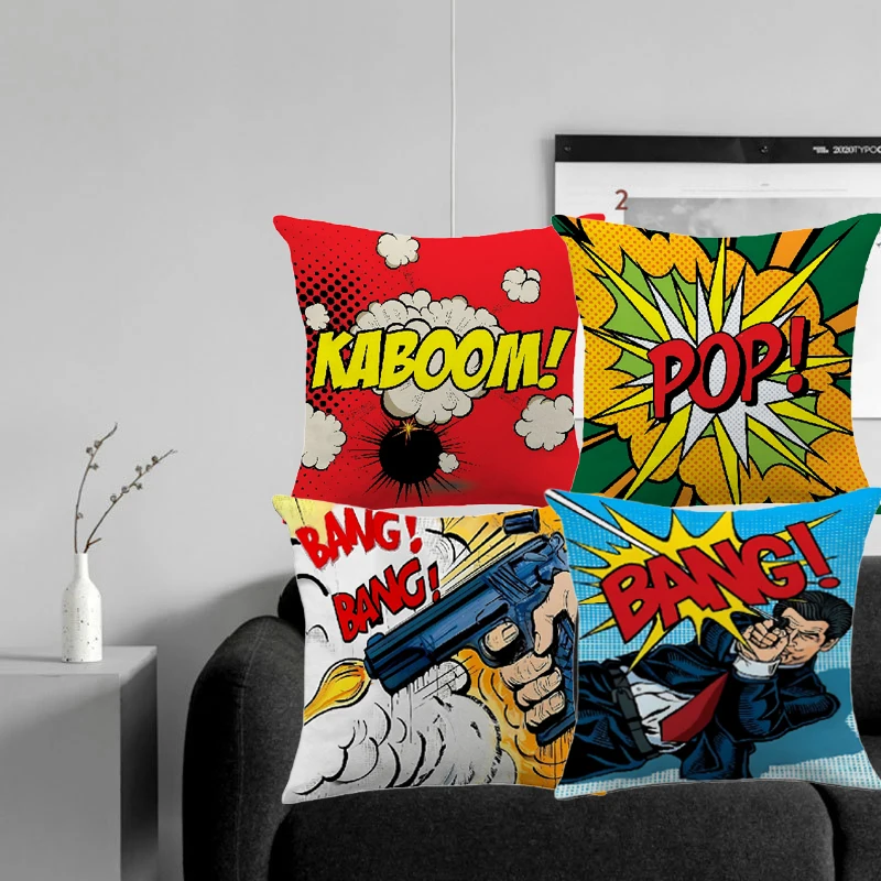 4pcs Pop Art Cartoon Cushion Cover, Creative Big Bang Onomatopoeia Caricature Design Decorative Sofa Short Plush Pillow Cover