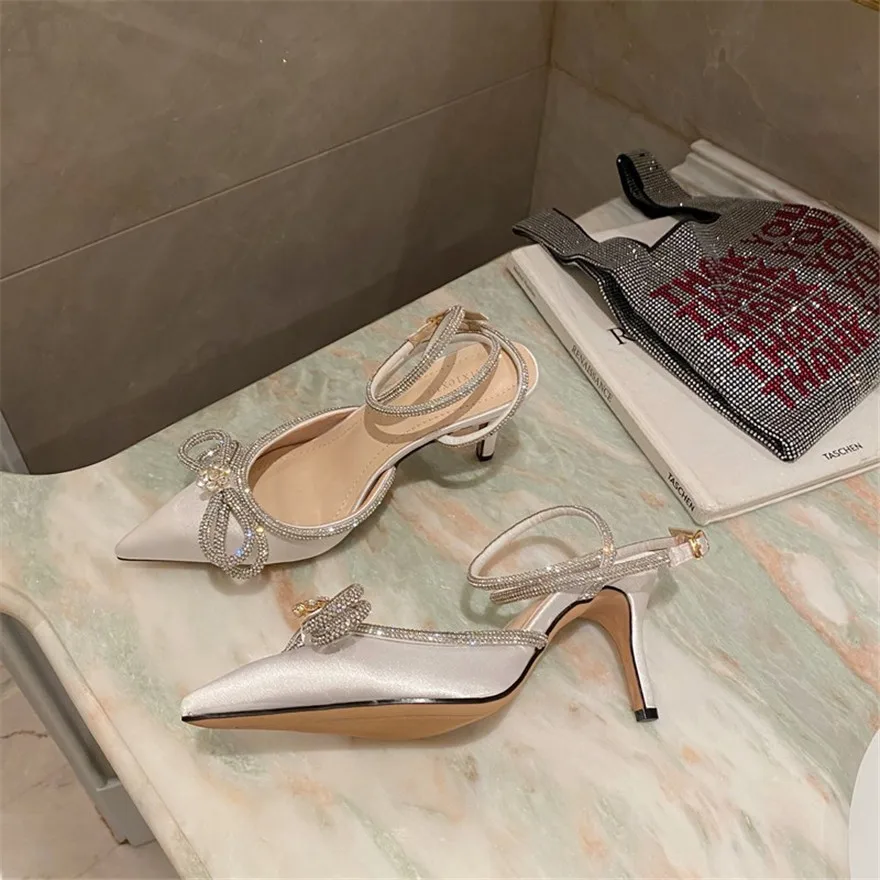 Fashion Diamond Bowknot Women Sandals 2026 Korean Pointy Crystal Buckle Black Pink Silk Wedding Party Dress Lady Shoes High Heel - view 5