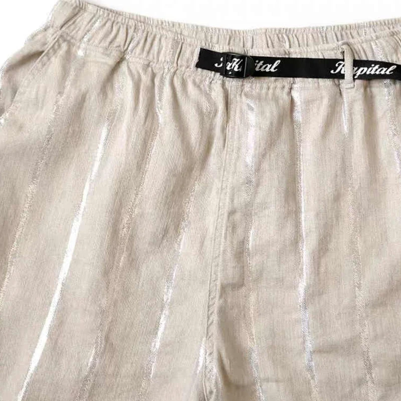 Kapital Hirata Style Linen Bright Color Coarse Stripe Custom Fabric Drawstring Elastic Waist Shorts for Men