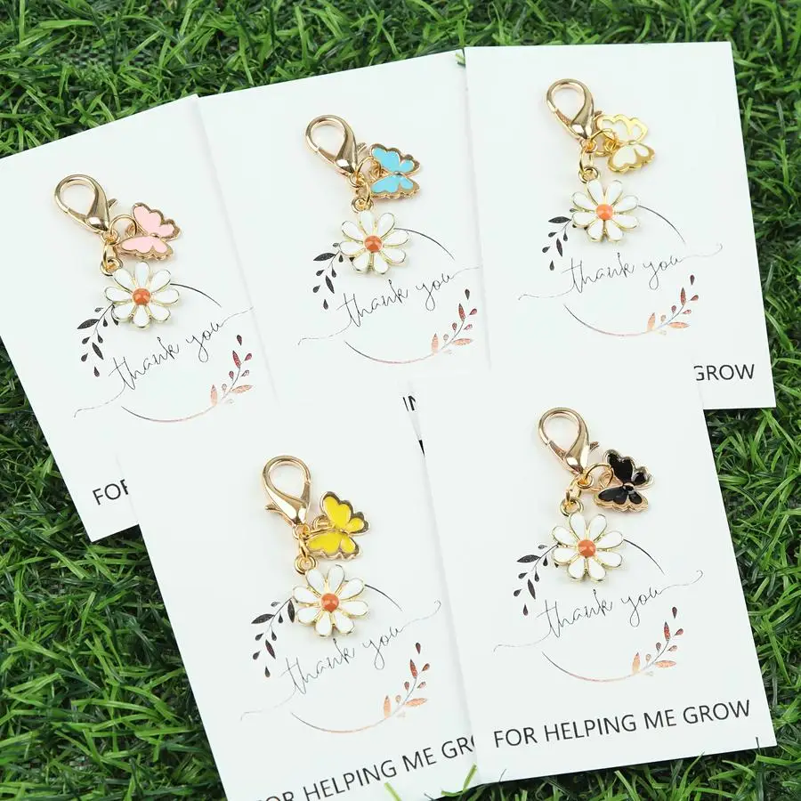 1/5/10/20/50/100pcs Mini Butterfly Daisy Keychain, Fashion Animal Theme with Floral Design, Golden Lobster Clasp, with Thank You