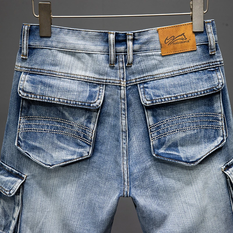 High -quality American retro workers elastic denim shorts Baggy Jeans loose large -size straight pants high street pants