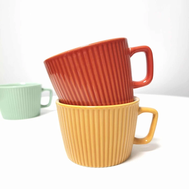 

Nordic Simple Coffee Cup Solid Home Breakfast Milk Mug Retro Vertical Stripe Ceramic Water Cups High-end Afternoon Tea Drinkware