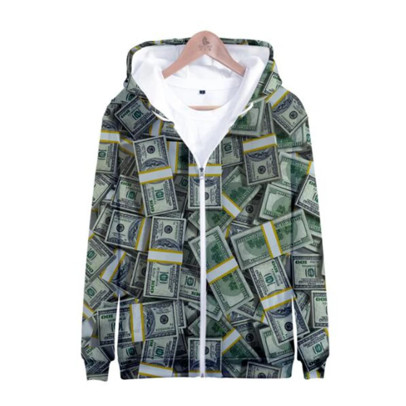 Fashion Dollar Pattern Zipper Hoodie Trend Autumn Long Sleeve 3D Banknotes Printed Sweatshirt Loose Casual Streetwear Pullovers