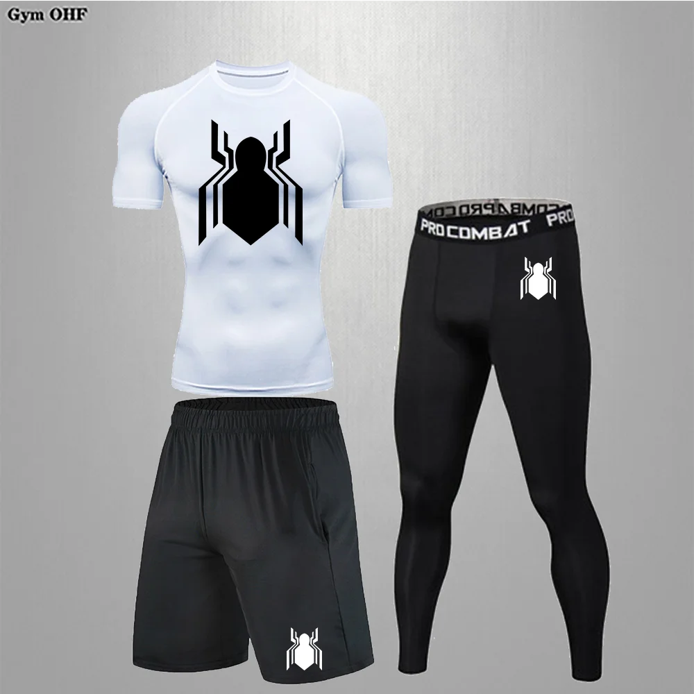 

Rashgard Boxing Suit Fighting Short Sleeved Gym Fitness Running Tight Training Workout Jogging Sports Sets Men Spider Sport Suit